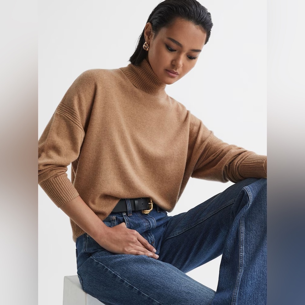 REISS Nova Knitted Roll Neck Turtleneck Jumper Sweater Camel Tan Wool XS 0 2